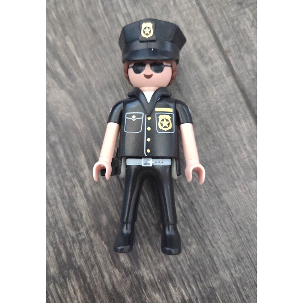 Playmobil Police Officer Figure Black Uniform Removable Hat Sunglasses Badge